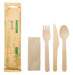 Söögiriistade komplekt PAPSTAR, kahvel, nuga, lusikas, salvrätik, puidust, paberpakendis 30tk