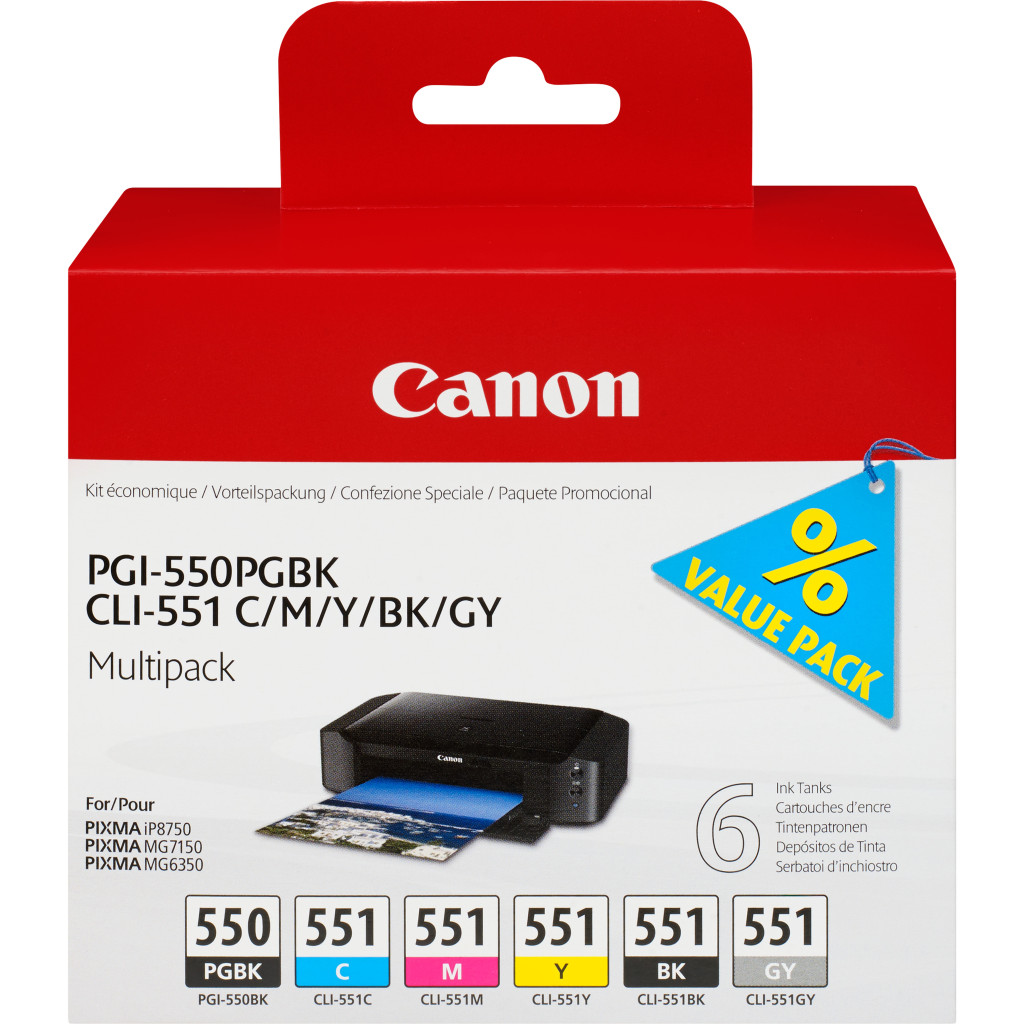Canon PGI-550/CLI-551 PGBK/C/M/Y/BK/GY Multi Pack | Ink cartridge | Grey, black, yellow, cyan, magenta
