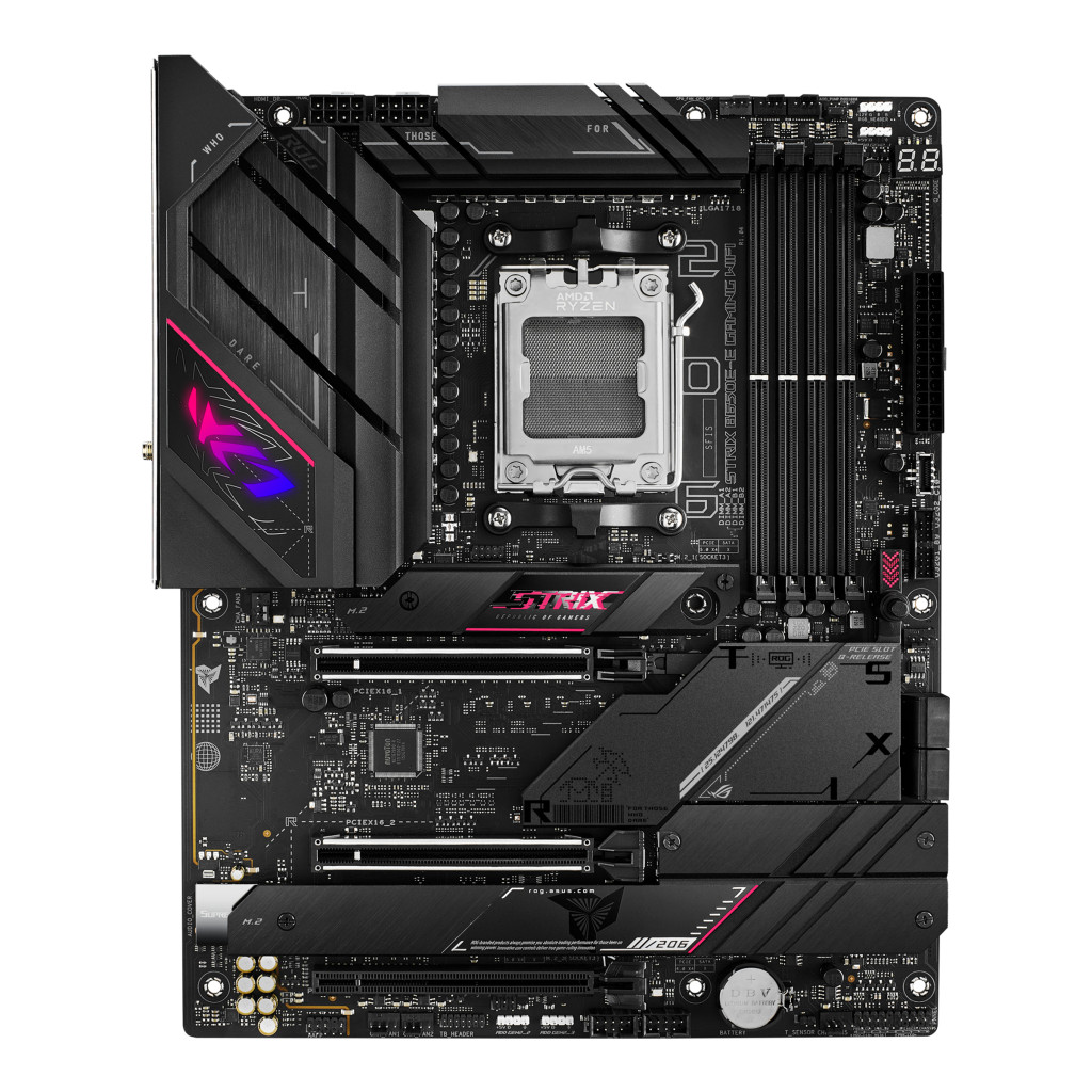 ASUS ROG STRIX B650E-E GAMING WIFI | Asus | Processor family Ryzen | Processor socket 1 x Socket AM5 | 4 DIMM slots - DDR5, non-ECC, on-die ECC, unbuffered | Supported hard disk drive interfaces SATA-600 (RAID), 4 x M.2 | Number of SATA connectors 4