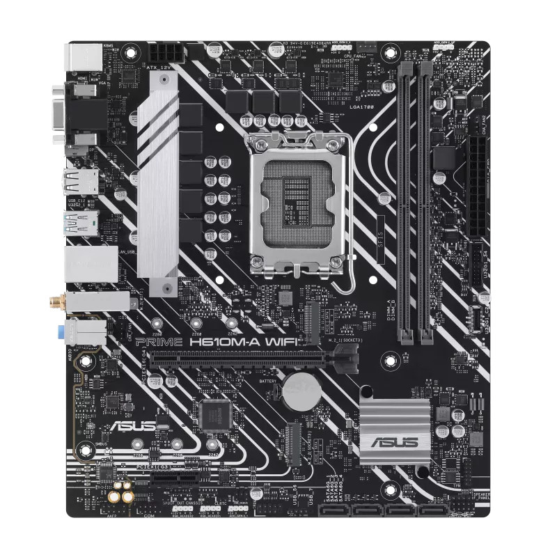 ASUS PRIME H610M-A WIFI | Processor family Intel H610 | Processor socket 1 x LGA1700 Socket | 2 DIMM slots - DDR5, non-ECC, unbuffered | Supported hard disk drive interfaces SATA-600, 1 x M.2 | Number of SATA connectors 4
