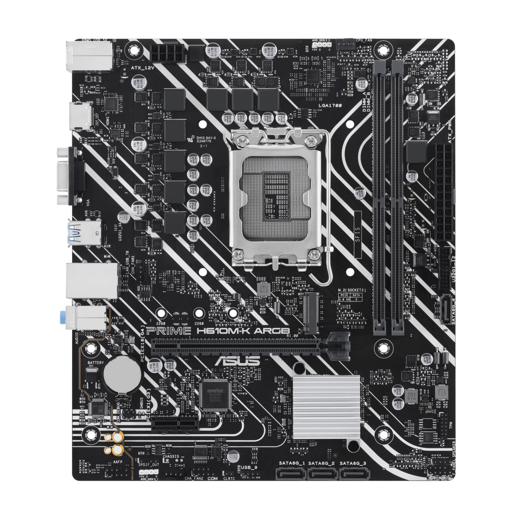ASUS PRIME H610M-K ARGB | Processor family Intel H610 | Processor socket LGA1700 Socket | 2 DIMM slots - DDR5, non-ECC, unbuffered | Supported hard disk drive interfaces SATA-600, 1 x M.2 | Number of SATA connectors 4