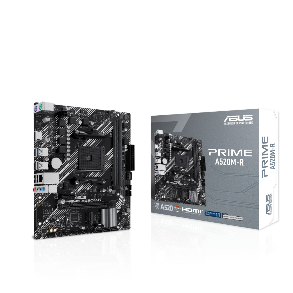 ASUS PRIME A520M-R | Processor family AMD A520 | Processor socket 1 x Socket AM4 | 2 DIMM slots - DDR4, ECC, unbuffered | Supported hard disk drive interfaces SATA-600 (RAID), 1 x M.2 | Number of SATA connectors 4