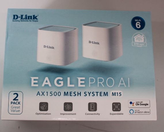 SALE OUT. D-Link M15-2 EAGLE PRO AI AX1500 Mesh System D-Link EAGLE PRO AI AX1500 Mesh System M15-2 (2-pack) 802.11ax 1200+300 Mbit/s 10/100/1000 Mbit/s Ethernet LAN (RJ-45) ports 1 Mesh Support Yes MU-MiMO Yes No mobile broadband Antenna type 2 x 2.4G WLAN Internal Antenna, 2 x 5G WLAN Internal Antenna UNPACKED, SCRATCHED ON TOP | EAGLE PRO AI AX1