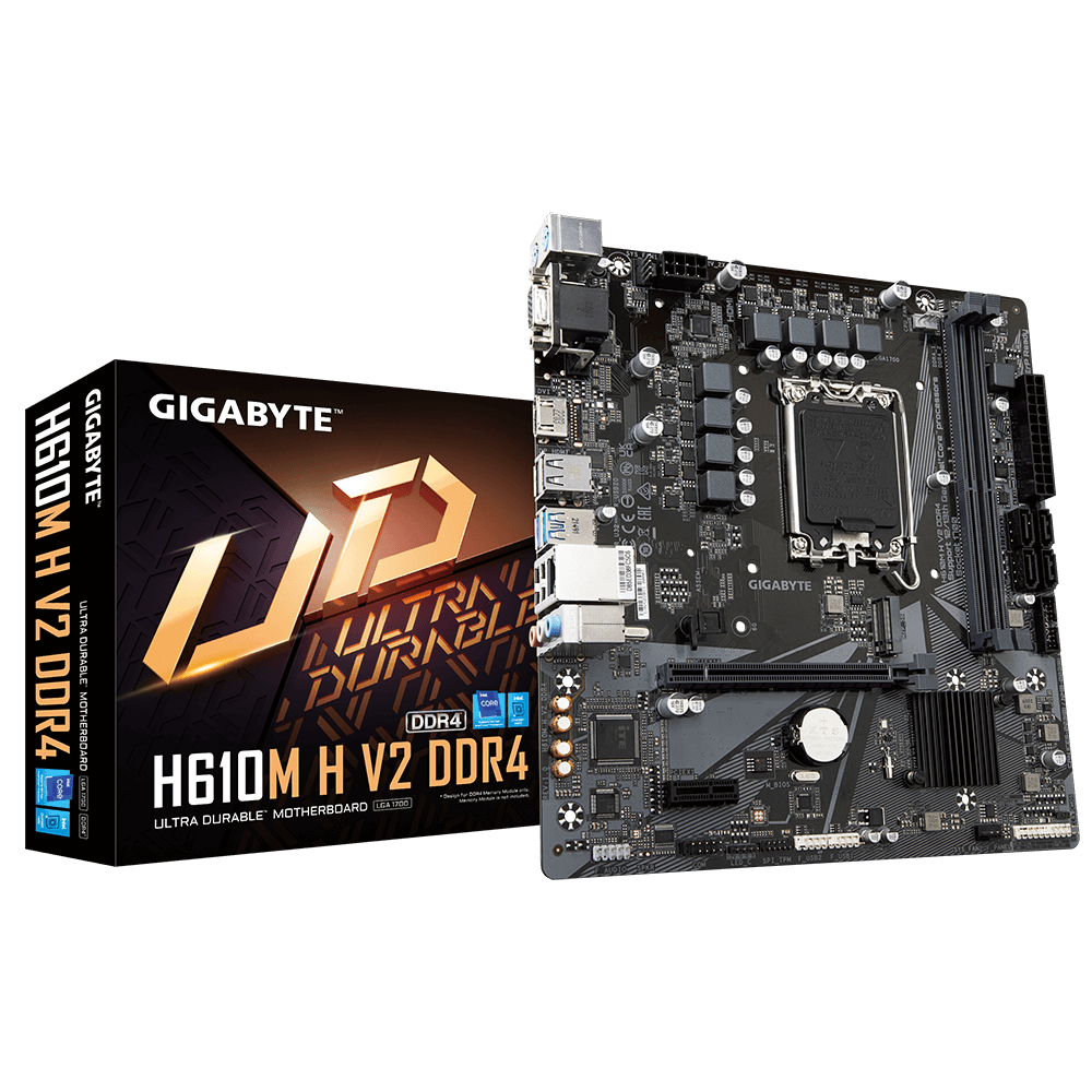 Gigabyte | H610M H V2 G1.0 | Processor family Intel | Processor socket LGA1700 | DDR5 | Supported hard disk drive interfaces M.2, SATA | Number of SATA connectors 4