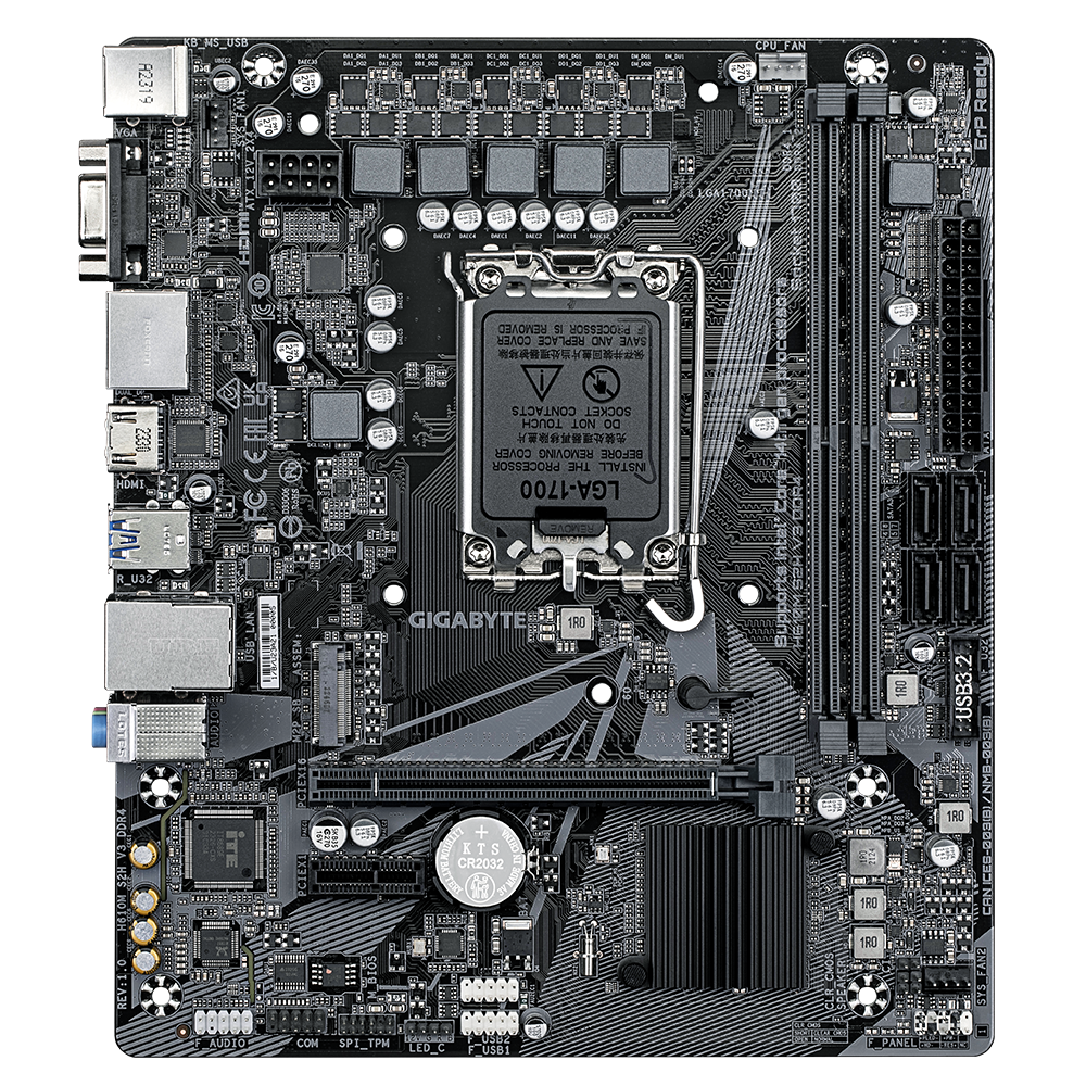 Gigabyte | H610M S2H V3 DDR4 G1.0 | Processor family Intel | Processor socket LGA1700 | DDR4 | Supported hard disk drive interfaces SATA, M.2 | Number of SATA connectors 4