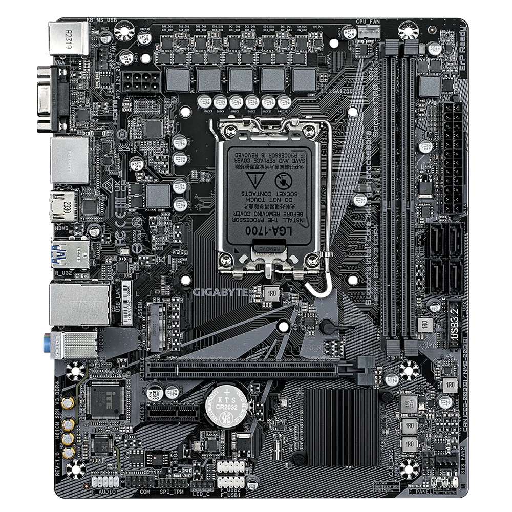 Gigabyte | H610M S2H V3 DDR4 G1.0 | Processor family Intel | Processor socket LGA1700 | DDR4 | Supported hard disk drive interfaces SATA, M.2 | Number of SATA connectors 4