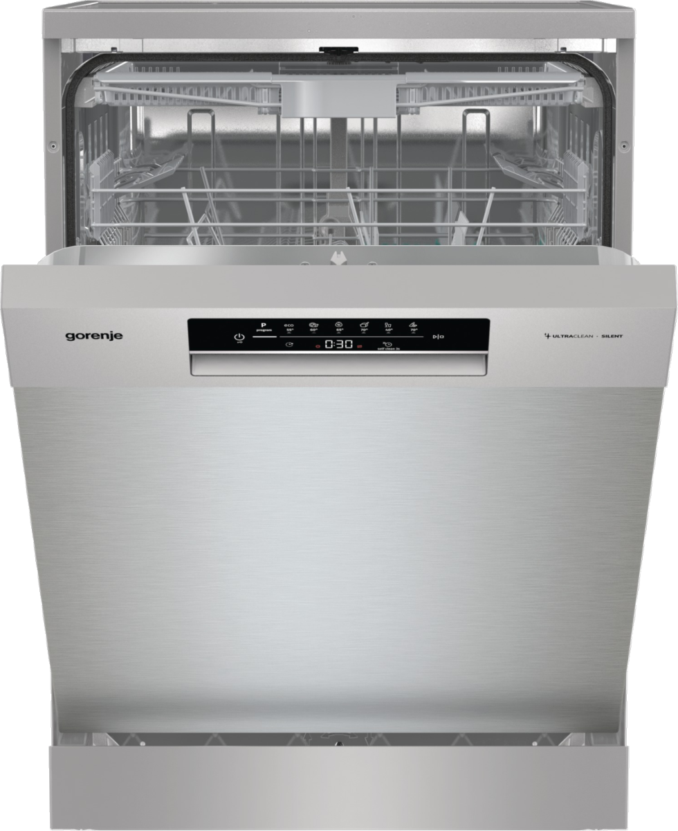 Dishwasher | GS643E90X | Free standing | Width 59.9 cm | Number of place settings 16 | Number of programs 6 | Energy efficiency class E | Display | AquaStop function | Silver