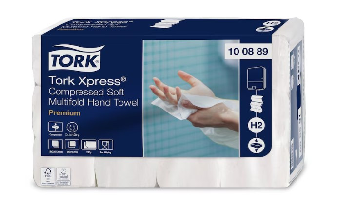 Tork Xpress Soft mitmekordse kokkusurutud pehme paberrätikud, H2 100889, 2 kihti, 225 salvrätikut, 22,2x24 cm, valge (kogus 12 tükki)