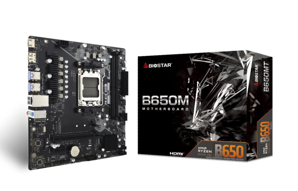 Mainboard|BIOSTAR|AMD B650|SAM5|Micro-ATX|Memory DDR5|Memory slots 2|1xPCI-Express 3.0 1x|1xPCI-Express 4.0 16x|1xM.2|1xHDMI|1xDisplayPort|2xUSB 2.0|4xUSB 3.2|1xRJ45|3xAudio port|B650MT