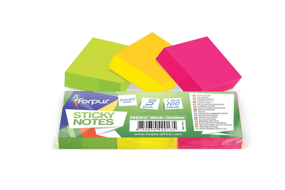 Märkmepaber FORPUS, 50x40mm, 3tk pakis, assortii