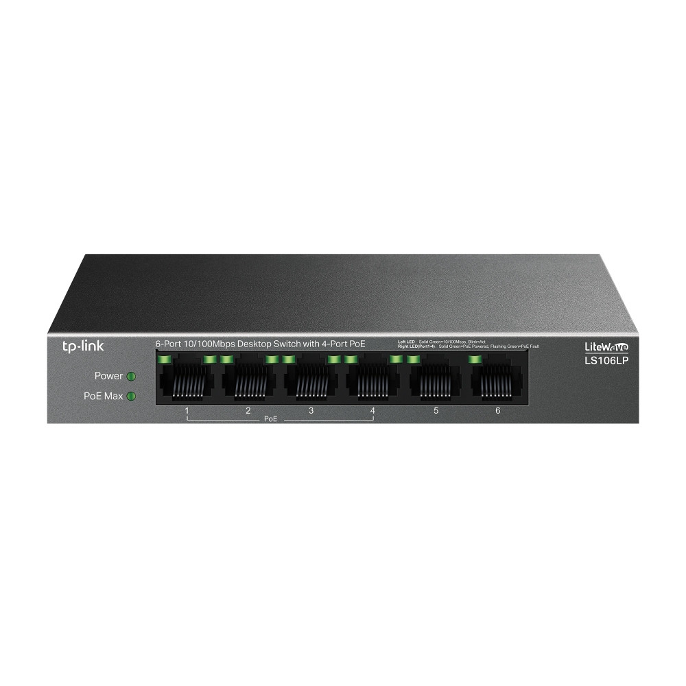 TP-LINK | 6-Port 10/100 Mbps Desktop Switch with 4-Port PoE | LS106LP | Unmanaged | Desktop