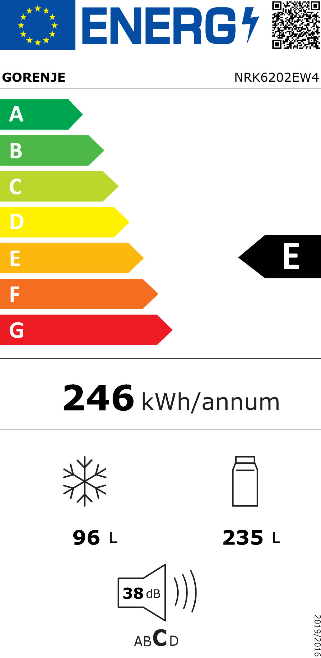 Gorenje Refrigerator | NRK6202EW4 | Energy efficiency class E | Free standing | Combi | Height 200 cm | No Frost system | Fridge net capacity 235 L | Freezer net capacity 96 L | Display | 38 dB | White