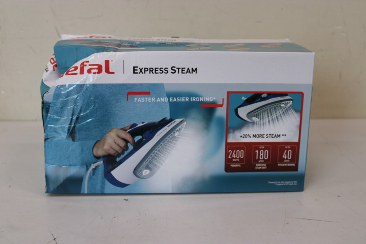 SALE OUT. TEFAL FV2838E0 Steam Iron, Water Tank 0.27 L, Countinuous Steam 40 g/min, Blue/White | TEFAL FV2838E0 | Steam Iron | 2400 W | Water tank capacity 270 ml | Continuous steam 40 g/min | Blue/White | DAMAGED PACKAGING, BROKEN CORPUS ON SIDE