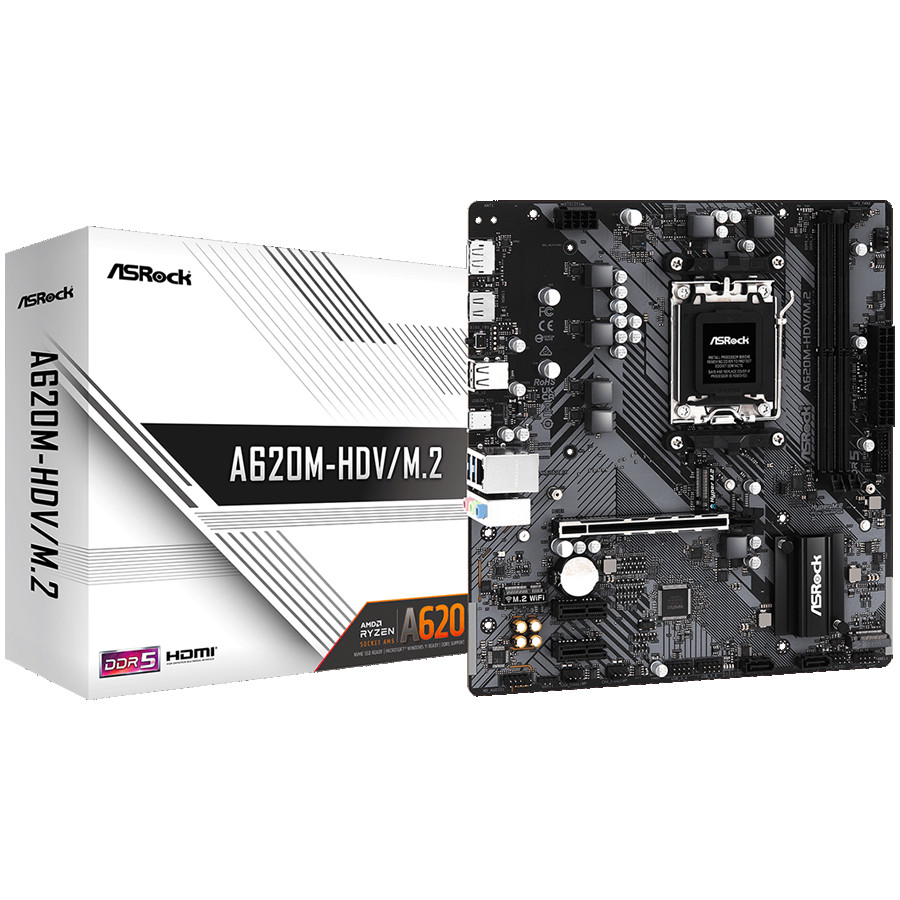 ASROCK MB Desktop A620M-HDV/M2, AM5, 2x DDR5, 1x PCIe 4.0 x16, 2x PCIe 3.0 x1, 1x Hyper M.2(PCIe Gen4x4), 2x SATA3 6.0 Gb/s, 1x HDMI, 1x DisplayPort, 1x Gbit LAN, 5x USB 3.2, 6x USB 2.0, 1x USB-C, Micro ATX