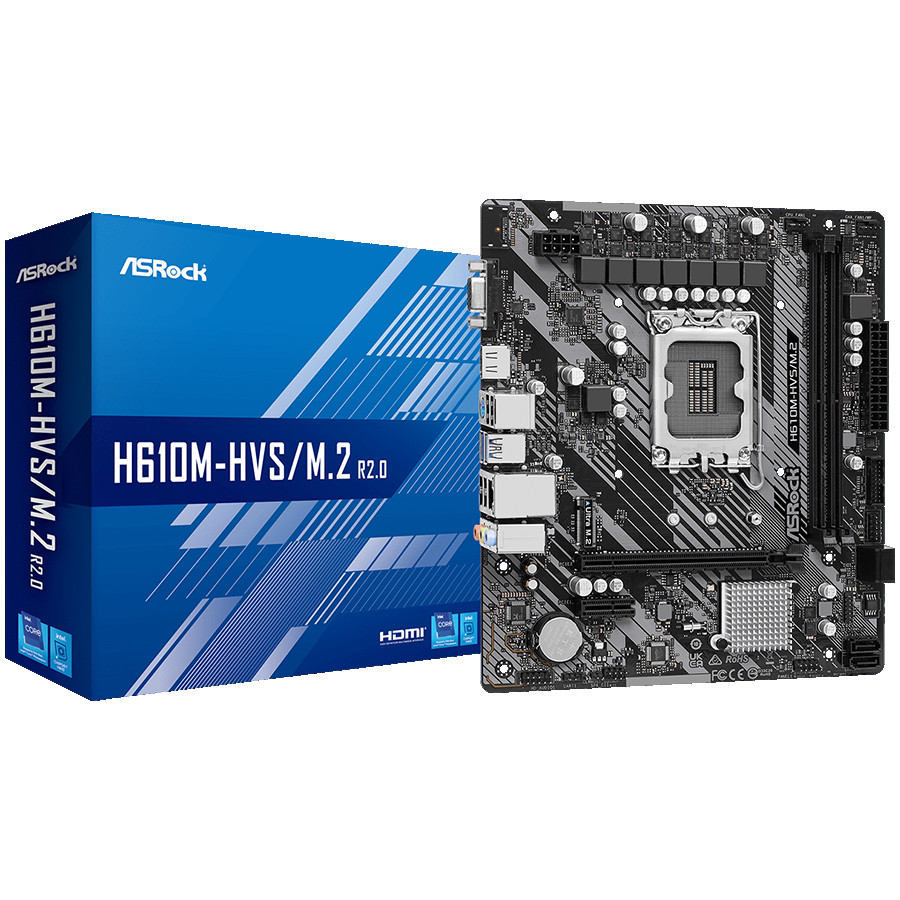 ASROCK MB Desktop H610M-HVS (S1700, 2x DDR4, 1x PCIe 4.0 x16, 1x PCIe 3.0 x1, 1x SSD Ultra M.2 PCIe, 4x SATA3 6.0Gb/s, 4x USB 3.2, 6x USB 2.0, 1x VGA, 1x HDMI, 1x GLAN, mATX) Retail.