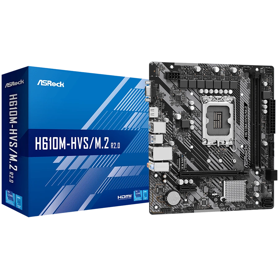 ASROCK MB Desktop H610M-HVS (S1700, 2x DDR4, 1x PCIe 4.0 x16, 1x PCIe 3.0 x1, 1x SSD Ultra M.2 PCIe, 4x SATA3 6.0Gb/s, 4x USB 3.2, 6x USB 2.0, 1x VGA, 1x HDMI, 1x GLAN, mATX) Retail.