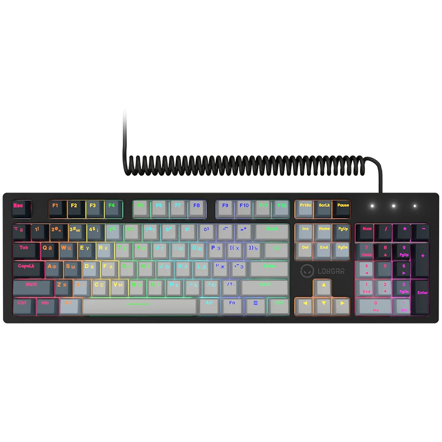LORGAR Azar 514, Wired mechanical gaming keyboard, RGB backlight, 1680000 colour variations, 18 modes, keys number: 104, 50M clicks, linear dream switches, spring cable up to 3.4m, ABS plastic+metal, magnetic cover, 450*136*39mm, 1.17kg, white, EN+RU layout