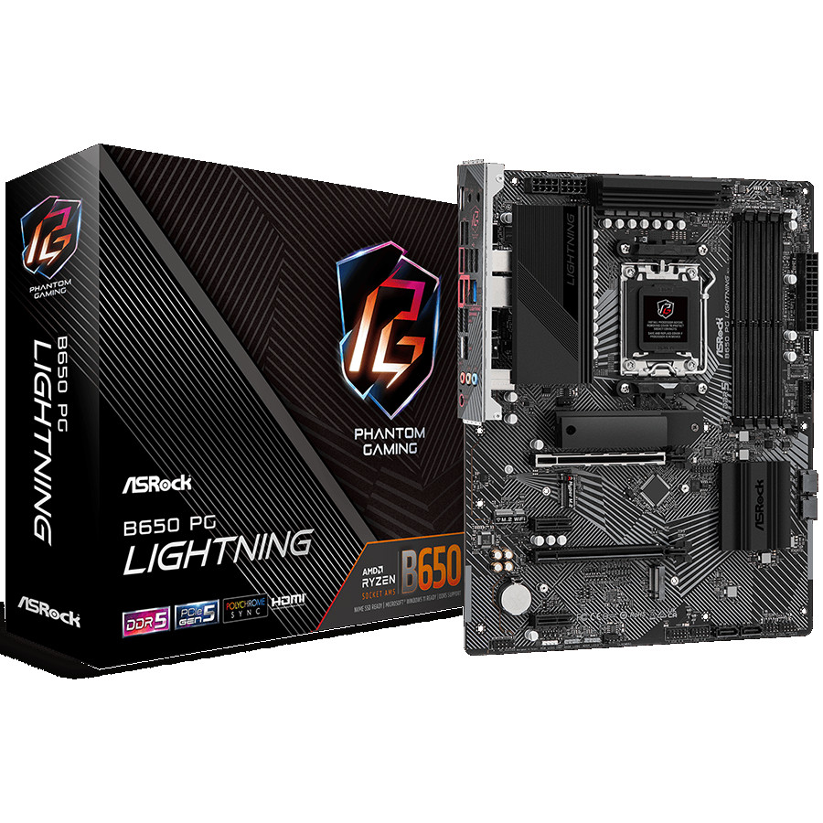 ASROCK MB Desktop B650 PG Lightning, AM5, 4x DDR5, 1x PCIe 4.0 x16, 2x PCIe 4.0 x1, 1x Blazing M.2(PCIe Gen5x4), 1x Hyper M.2(PCIe Gen4x4), 1x M.2, 4x SATA3 6.0 Gb/s, 7.1 CH HD Audio, 1x HDMI, 2.5G LAN, 9x USB 3.2, 2x USB-C, 8x USB 2.0