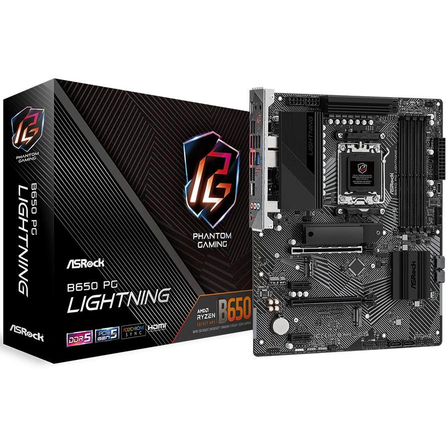ASROCK MB Desktop B650 PG Lightning, AM5, 4x DDR5, 1x PCIe 4.0 x16, 2x PCIe 4.0 x1, 1x Blazing M.2(PCIe Gen5x4), 1x Hyper M.2(PCIe Gen4x4), 1x M.2, 4x SATA3 6.0 Gb/s, 7.1 CH HD Audio, 1x HDMI, 2.5G LAN, 9x USB 3.2, 2x USB-C, 8x USB 2.0