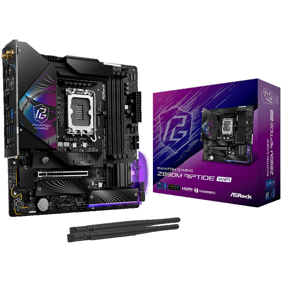 ASROCK MB Desktop Z890 Riptide Wi-Fi S1851, 4x DDR5, 1x PCIe 5.0 x16, 1x PCIe 4.0 x16, 1x PCIe 3.0 x1, 1x Blazing M.2, 4x Hyper M.2, 8x SATA3, 2x USB-C, 8x USB 3.2, 6x USB 2.0, Killer E3100 2.5GB, 802.11be Wi-Fi 7 + Bluetooth, 1x HDMI, 1x DP 1.4, ATX