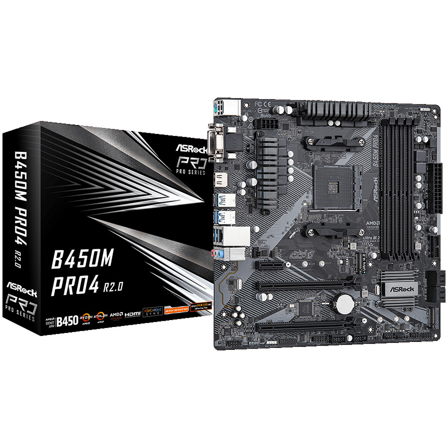 ASROCK Main Board Desktop B450M PRO4 (AM4, 4xDDR4, 1x PCIe 3.0 x16, 1x PCIe 2.0 x16, 1x PCIe 2.0 x1, 4x SATA III, RAID 0,1,10, 1x Ultra M.2 PCIe Gen3 x4, 1x M.2 SATA3, 1x COM Port header, 8x USB 3.0, GLAN, VGA, HDMI, DVI) mATX, Retail