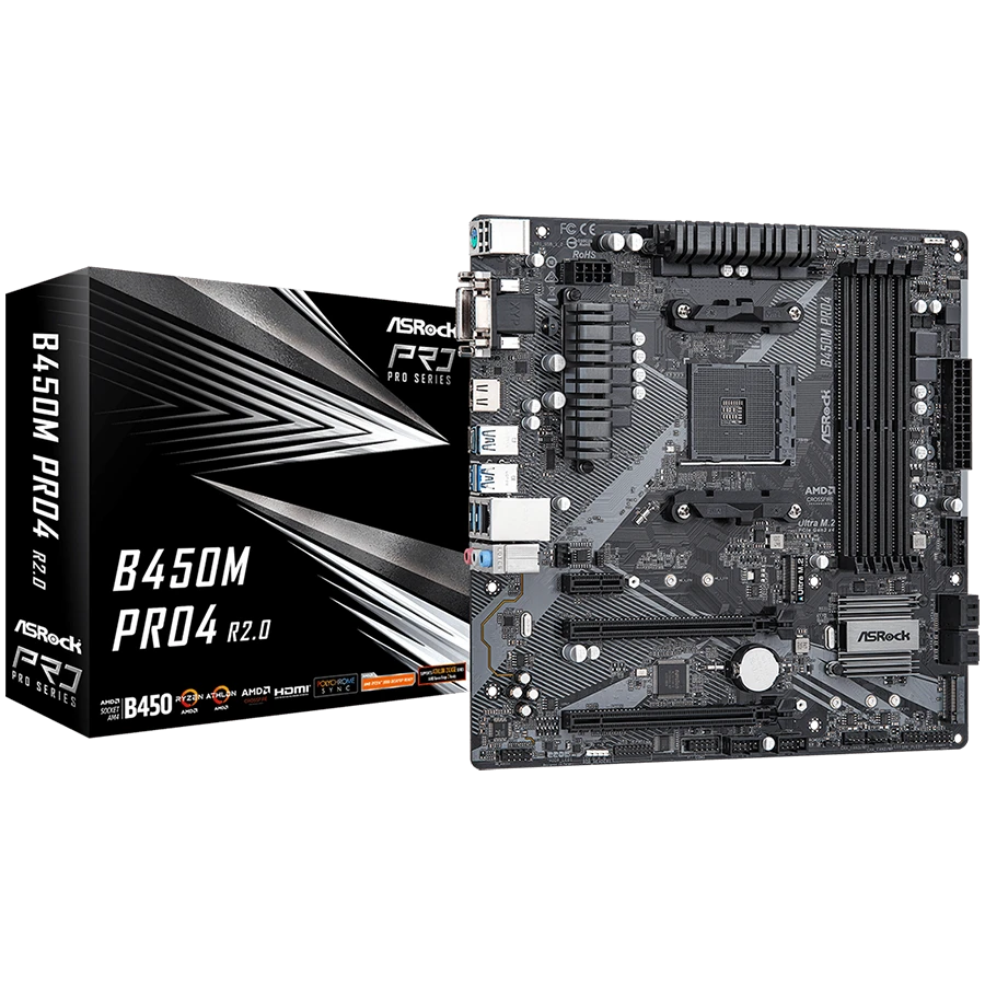 ASROCK Main Board Desktop B450M PRO4 (AM4, 4xDDR4, 1x PCIe 3.0 x16, 1x PCIe 2.0 x16, 1x PCIe 2.0 x1, 4x SATA III, RAID 0,1,10, 1x Ultra M.2 PCIe Gen3 x4, 1x M.2 SATA3, 1x COM Port header, 8x USB 3.0, GLAN, VGA, HDMI, DVI) mATX, Retail