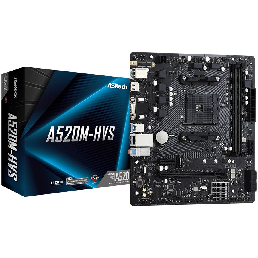 ASROCK Main Board Desktop A520M-HVS (AM4, 2xDDR4, PCIe 3.0 x16,PCIe 3.0 x1, M.2, 4 SATA3, D-Sub, HDMI, mATX, retail)