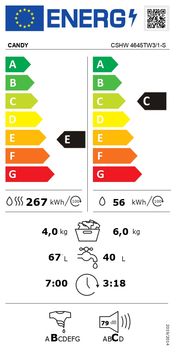 Candy Washing Machine with Dryer | CSHW 4645TW3/1-S | Energy efficiency class C/E | Front loading | Washing capacity 6 kg | 1400 RPM | Depth 45 cm | Width 60 cm | Display | Digit | Drying system | Drying capacity 4 kg | Steam function | White