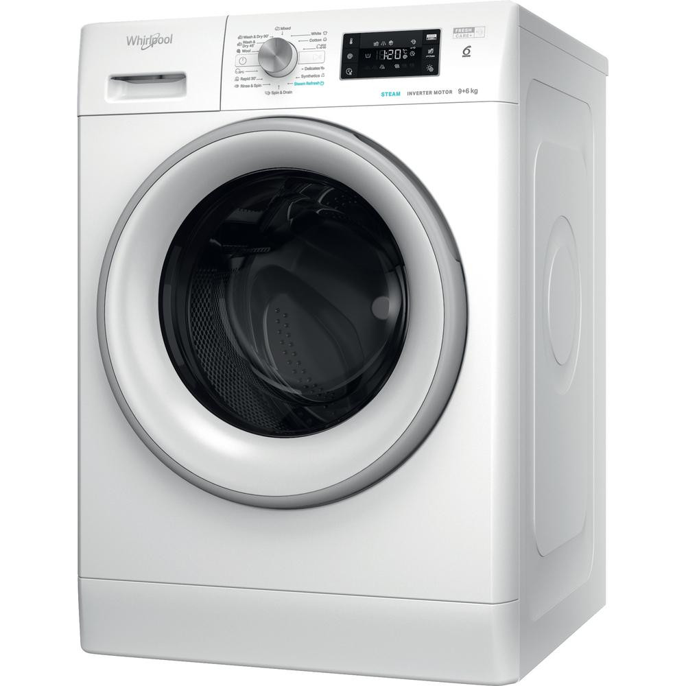 Whirlpool Washing machine with Dryer | FFWDB 964369 SV EE | Energy efficiency class A/D | Front loading | Washing capacity 9 kg | 1400 RPM | Depth 54 cm | Width 59.5 cm | Display | LED | Drying system | Drying capacity 6 kg | Steam function | White