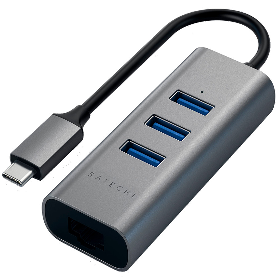 SATECHI Type-C 2-in-1 USB 3.0 Aluminum 3 Port Hub and Ethernet Port Space Gray