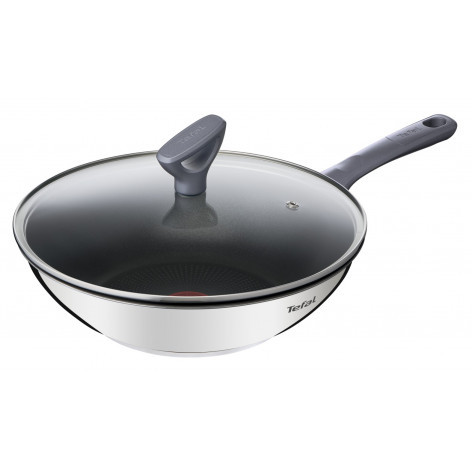 TEFAL Wok Pan | G7309955 Daily Cook | Wok | Diameter 28 cm | Suitable for induction hob | Lid included | Fixed handle | Grey