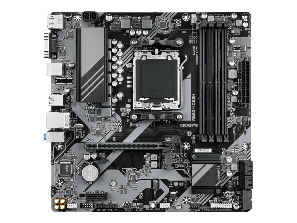 Gigabyte A620M DS3H | Processor family AMD | Processor socket AM5 | DDR5 | Supported hard disk drive interfaces M.2, SATA | Number of SATA connectors 4