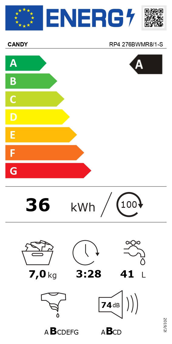 Candy Washing Machine | RP4 276BWMR8/1-S | Energy efficiency class A | Front loading | Washing capacity 7 kg | 1400 RPM | Depth 45 cm | Width 60 cm | TFT | Steam function | White