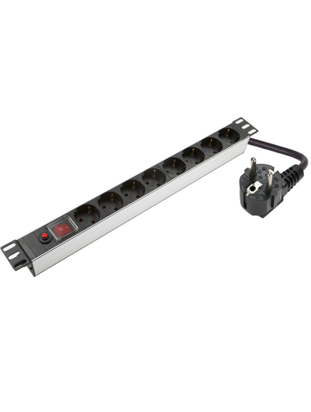 SOMI Networks | 1U, 19″, 8x Schuko Aluminium PDU Power Panel | PDU08SASO | Silver | With Switch and Surge Protector; Schuko Input; Cord 1.8m