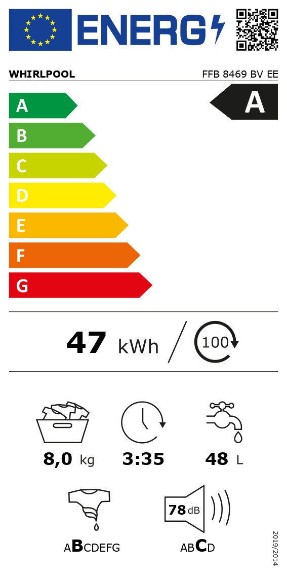 Whirlpool Washing Machine | FFB 8469 BV EE | Energy efficiency class A | Front loading | Washing capacity 8 kg | 1400 RPM | Depth 63 cm | Width 59.5 cm | Display | LED | Steam function | White