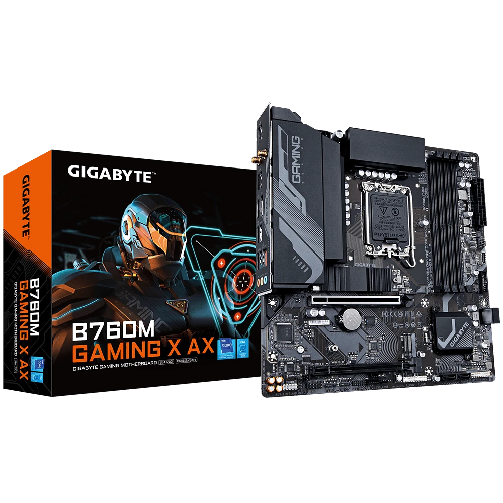 Gigabyte B760M GAMING X AX | Processor family Intel | Processor socket LGA1700 | DDR5 DIMM | Supported hard disk drive interfaces SATA, M.2 | Number of SATA connectors 4
