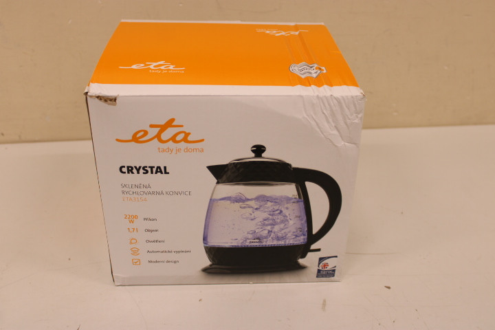 SALE OUT. ETA ETA315490010 Crystal Kettle, 1,7L, Glass/White | ETA | Crystal Kettle | ETA315490010 | Electric | 2200 W | 1.7 L | Glass | 360° rotational base | Glass/White | DAMAGED PACKAGING