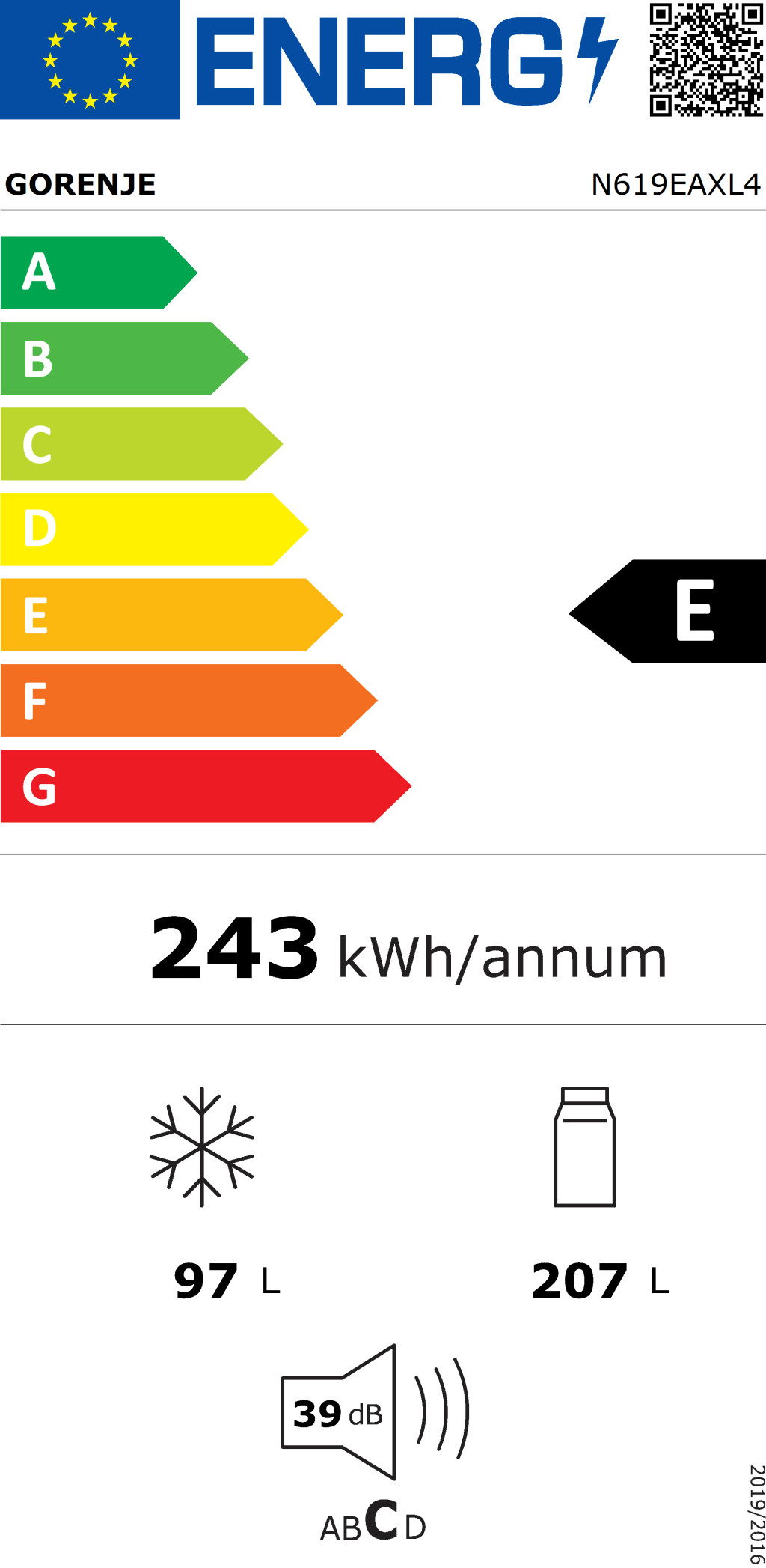 Gorenje Refrigerator | N619EAXL4 | Energy efficiency class E | Free standing | Combi | Height 186 cm | No Frost system | Fridge net capacity 207 L | Freezer net capacity 97 L | Display | 39 dB | Grey