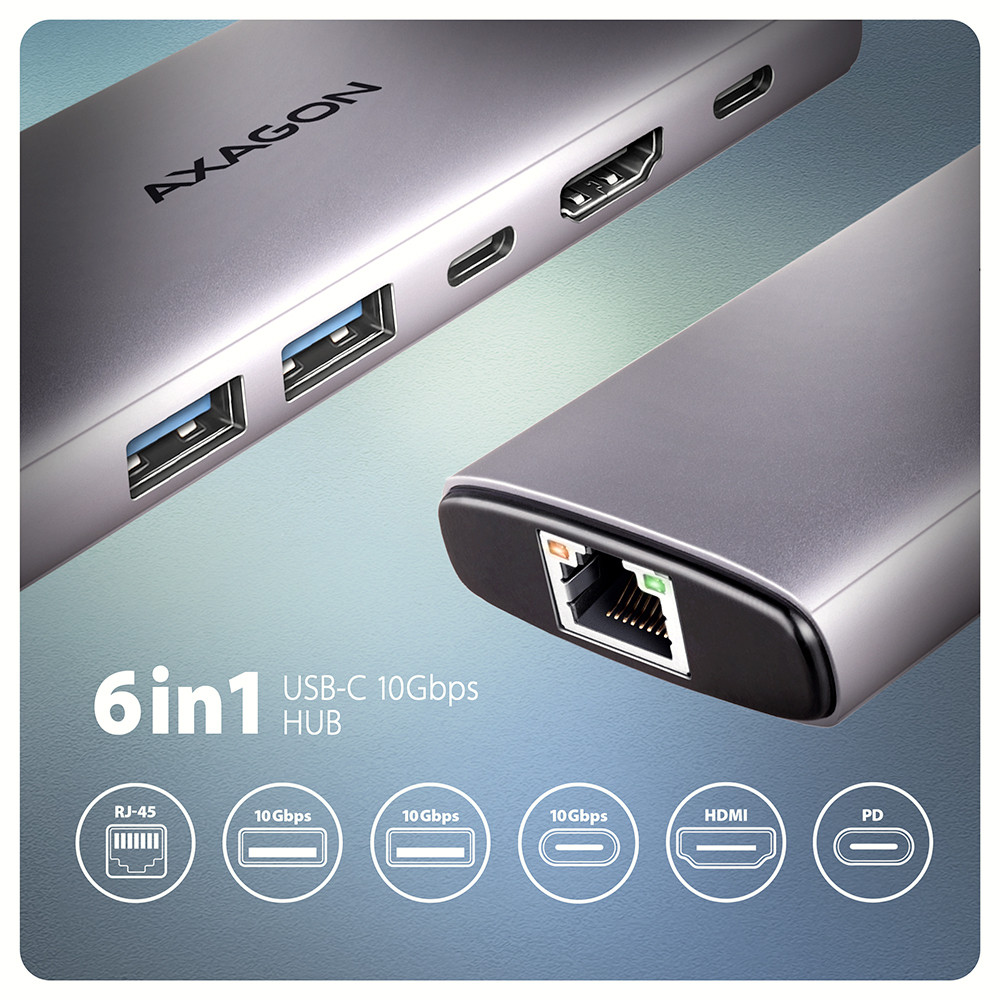 AXAGON Multi port USB-C 10Gbps hub | HMC-6G2L