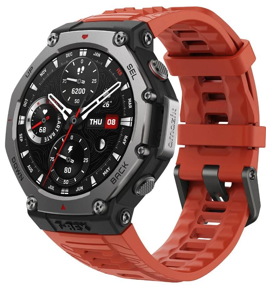 Amazfit T-Rex 3 Lava 3,81 cm (1.5") AMOLED 48.5 mm Digitaalne 480 x 480 pikslit Puutetundlik ekraan Must, Roostevaba teras GPS (satelliit)