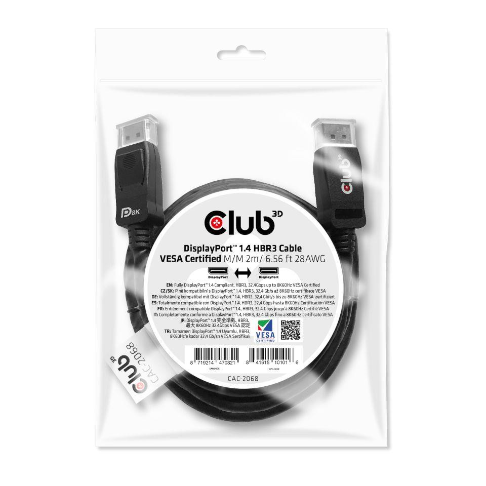 CLUB3D DisplayPort 1.4 HBR3 Cable 2m/6.56ft M/M 8K60Hz