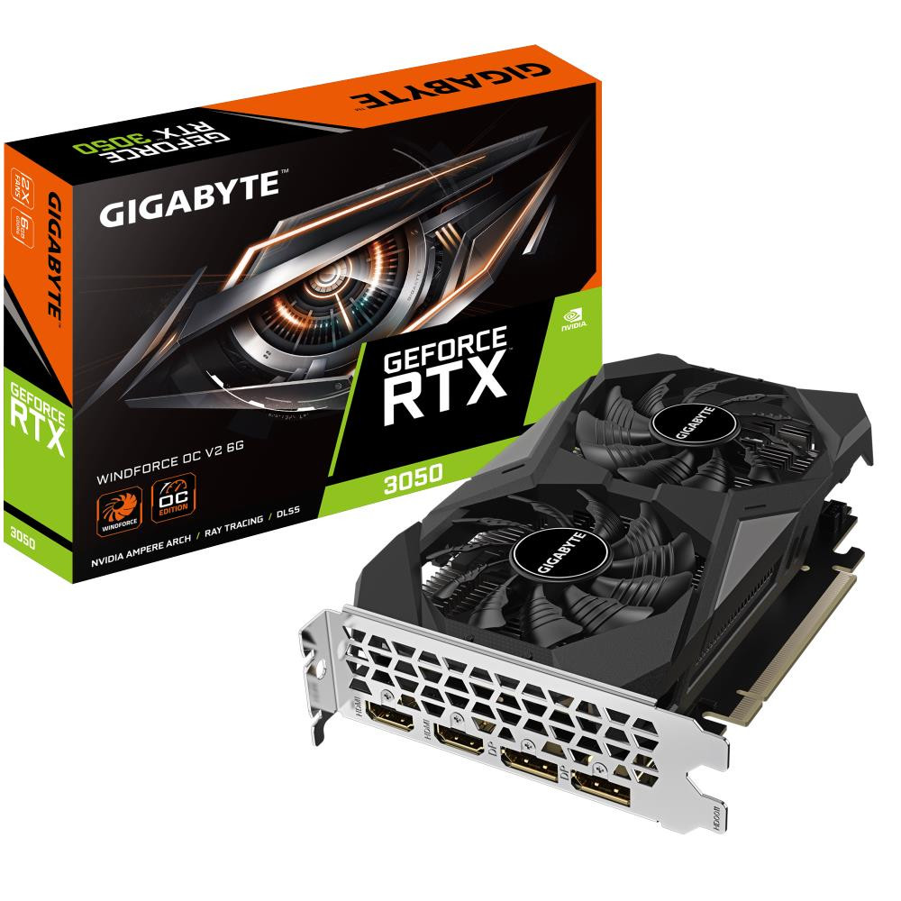 Graphics Card|GIGABYTE|NVIDIA GeForce RTX 3050|6 GB|GDDR6|96 bit|PCIE 4.0 16x|Memory 14000 MHz|GPU 1477 MHz|2xHDMI|2xDisplayPort|GV-N3050WF2OCV2-6GD