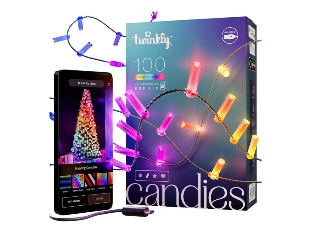 Twinkly Candies 100 Candle-shaped RGB LEDs, Clear Wire, USB-C