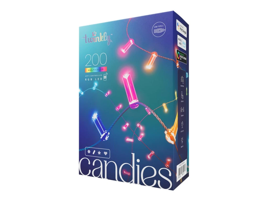 Twinkly Candies 200 Candle-shaped RGB LEDs, USB-C|Green Wire