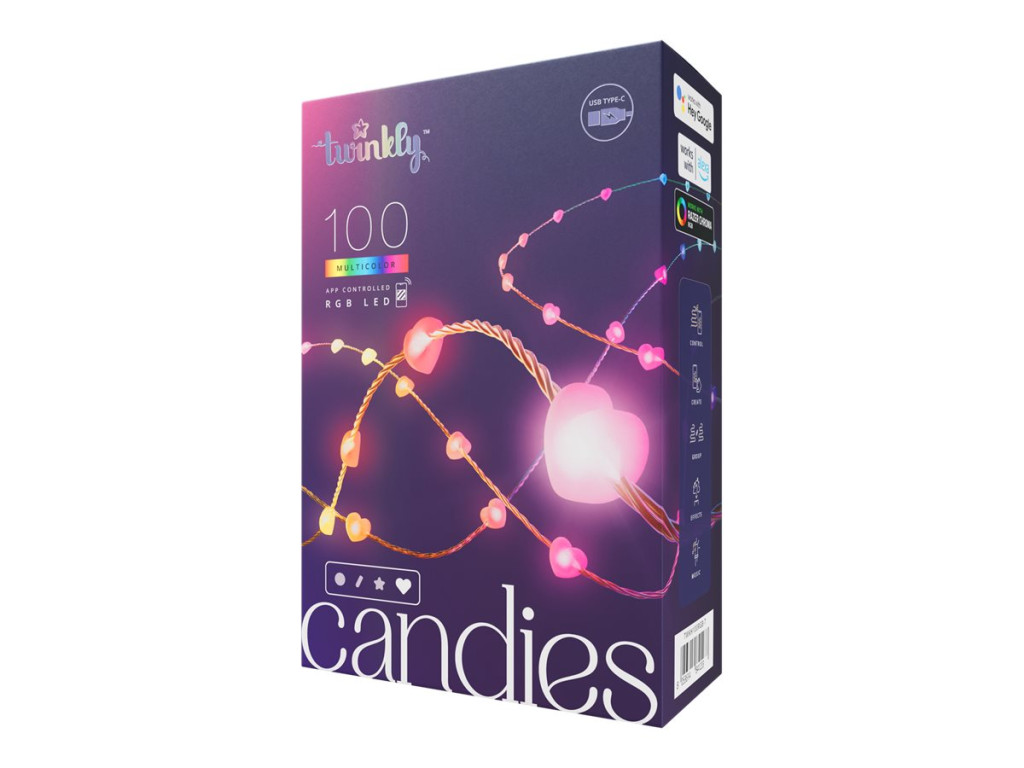 Twinkly Candies 100 Heart-shaped RGB LEDs, Clear Wire, USB-C