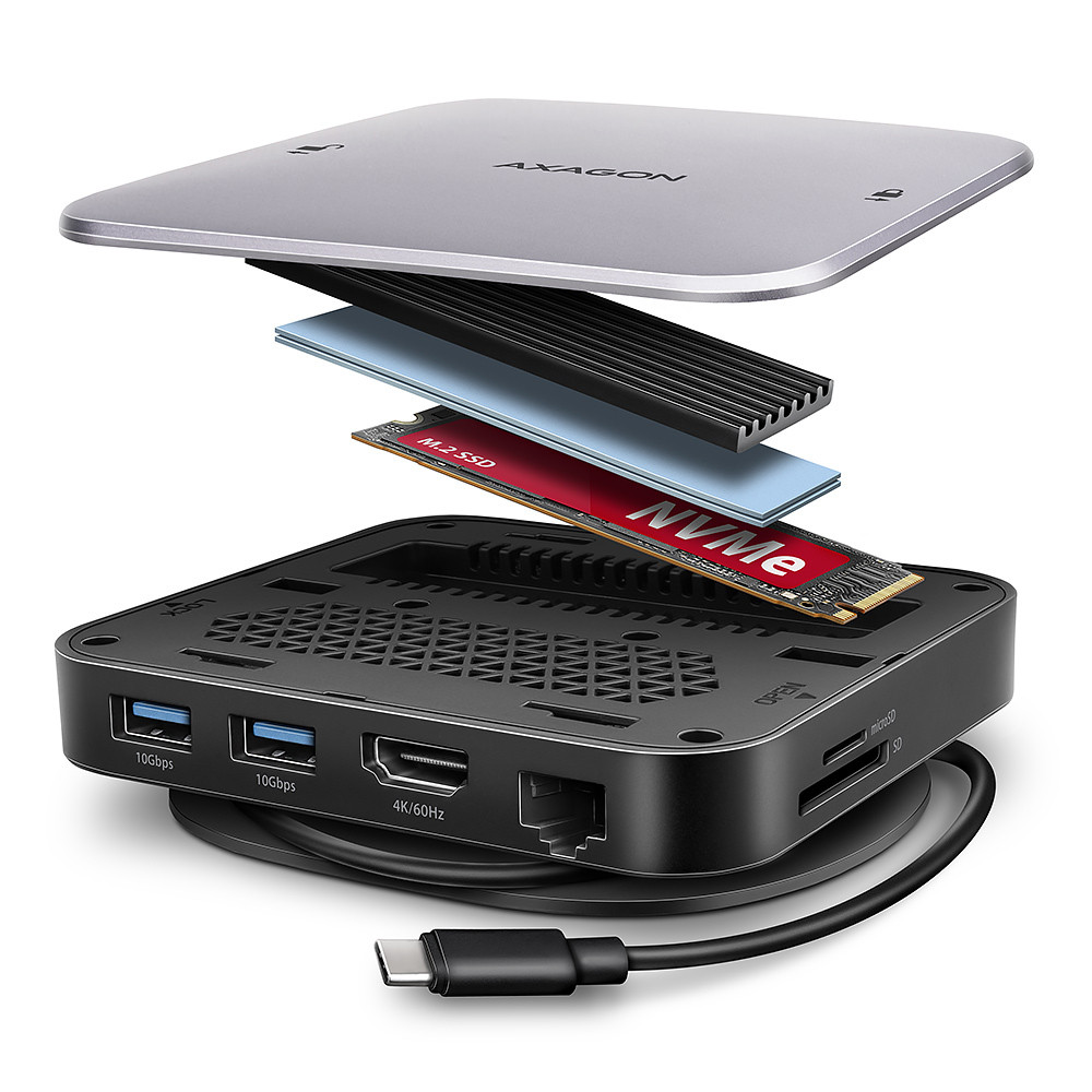 Axagon HMC-UFO USB-C Hub M.2 SATA/NVMe 1 Gbit/s Ethernet 384 kHz Audio Juhtmega ühendatud USB 3.2 Gen 2 (3.1 Gen 2) Type-C Must