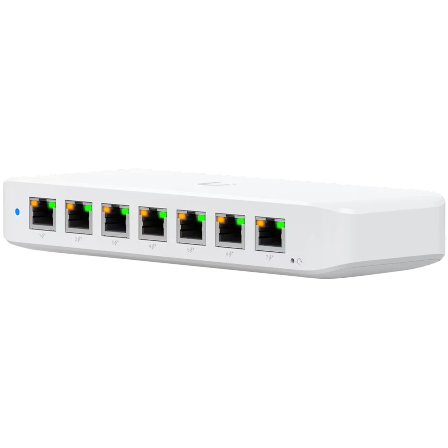 Ubiquiti USW-Ultra Layer 2, 8-port GbE PoE switch with versatile mounting options: 7x GbE PoE+ output ports, 1 xGbE PoE++ input port