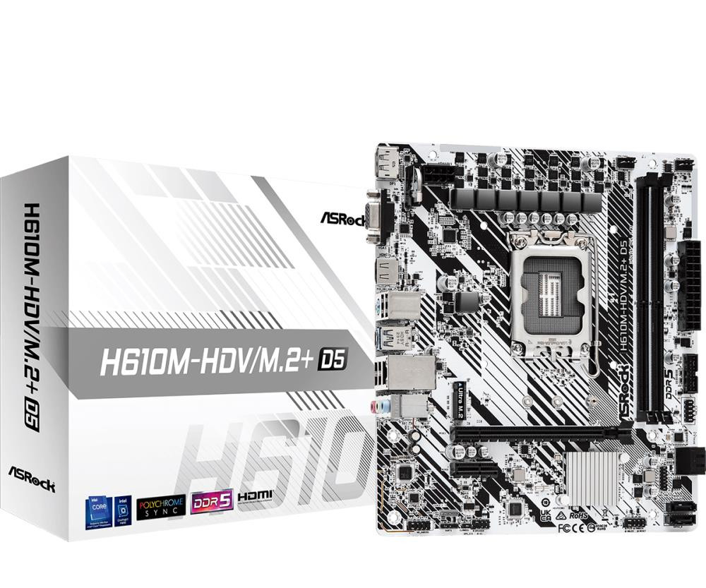 Mainboard|ASROCK|Intel H610|LGA1700|Micro-ATX|Memory DDR5|Memory slots 2|1xPCI-Express 3.0 1x|1xPCI-Express 4.0 16x|1xM.2|1x15pin D-sub|1xHDMI|1xDisplayPort|1xAudio-In|1xAudio-Out|1xMicrophone|4xUSB 2.0|1xUSB 3.2|1xUSB-C|1xPS/2|1xRJ45|H610M-HDV/M.2+D5