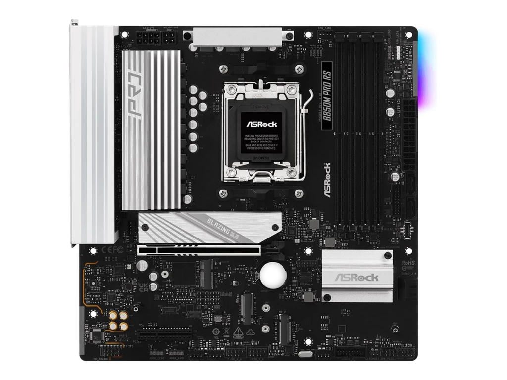 ASRock B850M PRO RS | Processor family AMD | Processor socket AM5 | DDR5 | Supported hard disk drive interfaces SATA, M.2 | Number of SATA connectors 4
