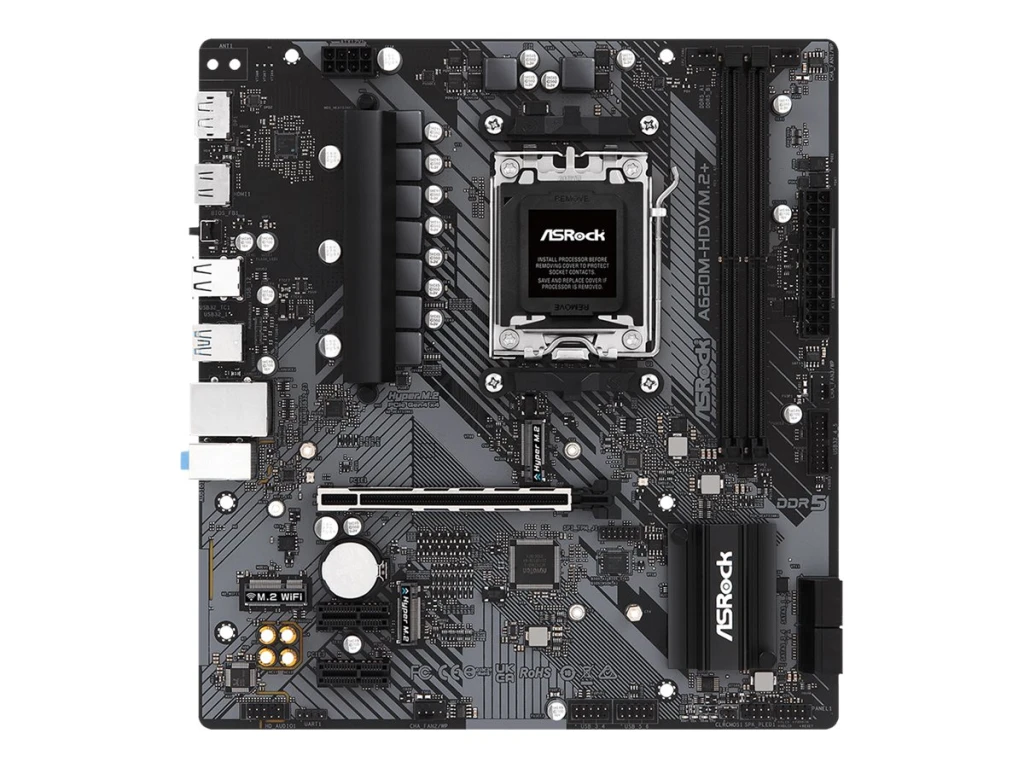 ASRock A620M-HDV/M.2+ | Processor family AMD | Processor socket AM5 | DDR5 | Supported hard disk drive interfaces SATA, M.2 | Number of SATA connectors 4